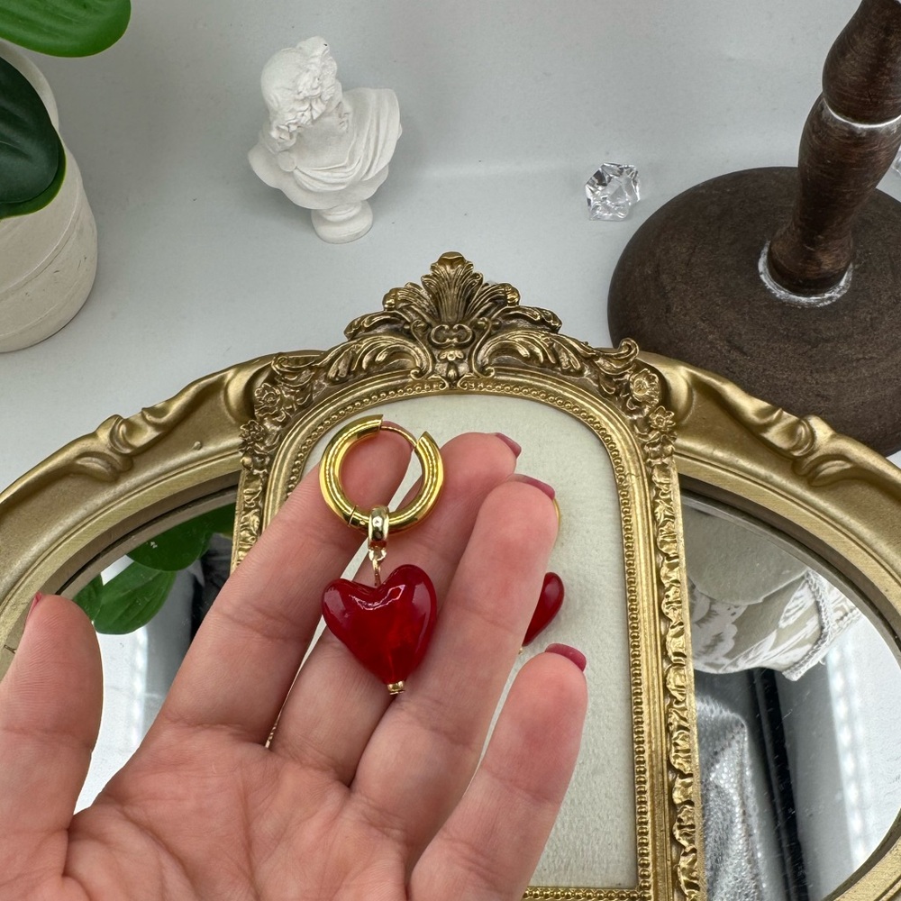 Gold Hoop Earrings with Red Heart Charm – Romantic & Playful - Picture 6 of 12
